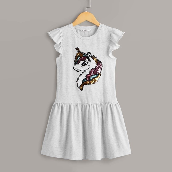 

Girls Sequin Animal Ruffle Hem Dress, Grey