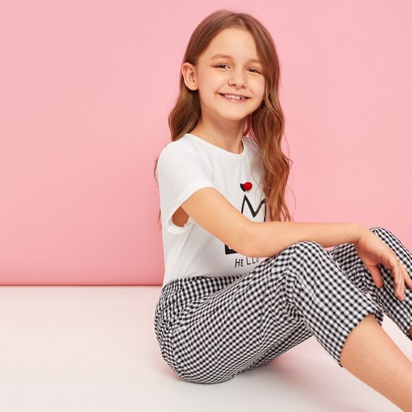 

Girls Slant Pocket Gingham Print Crop Pants, Black and white