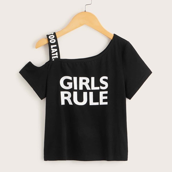 

Girls Slogan Graphic Asymmetrical Neck Tee, Black