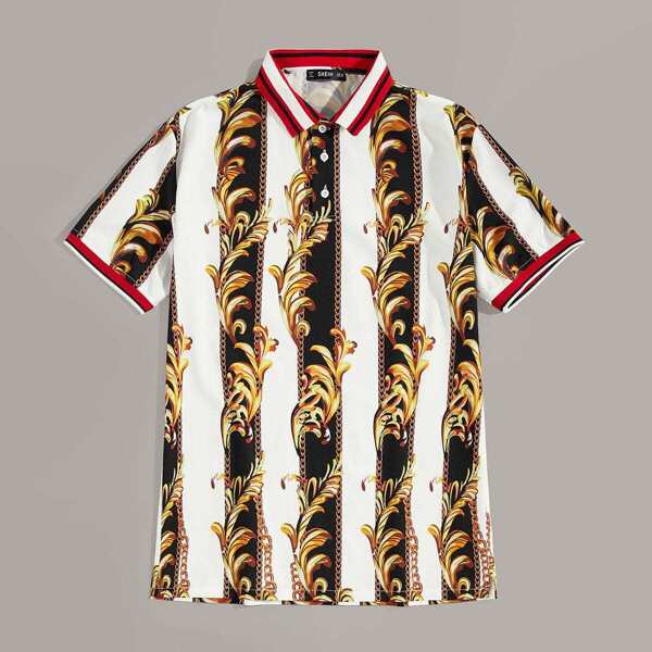 

Men Scroll & Chain Print Polo Shirt
