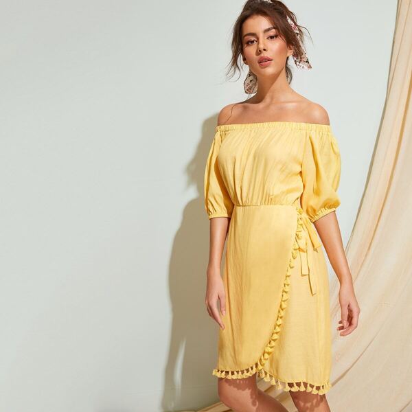 

Off Shoulder Fringe Trim Wrap Dress, Yellow