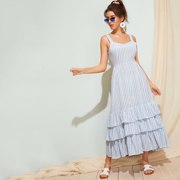 

Tiered Ruffle Hem Striped Cami Dress, Blue