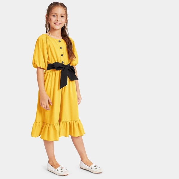 

Girls Waist Knot Ruffle Hem Button Dress, Yellow bright