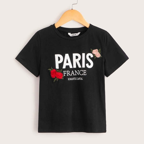 

Girls Letter Print Flower Applique Tee, Black