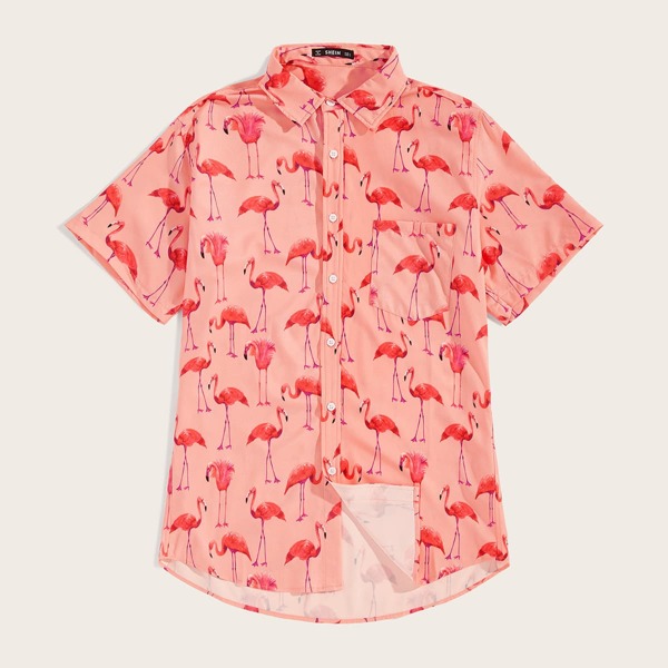 

Men Flamingo Print Pocket Patched Shirt