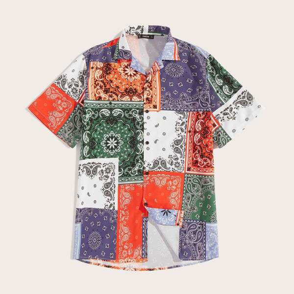 

Men Scarf Print Patchwork Shirt