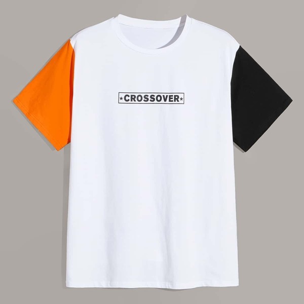 

Men Letter Print Color-block Tee
