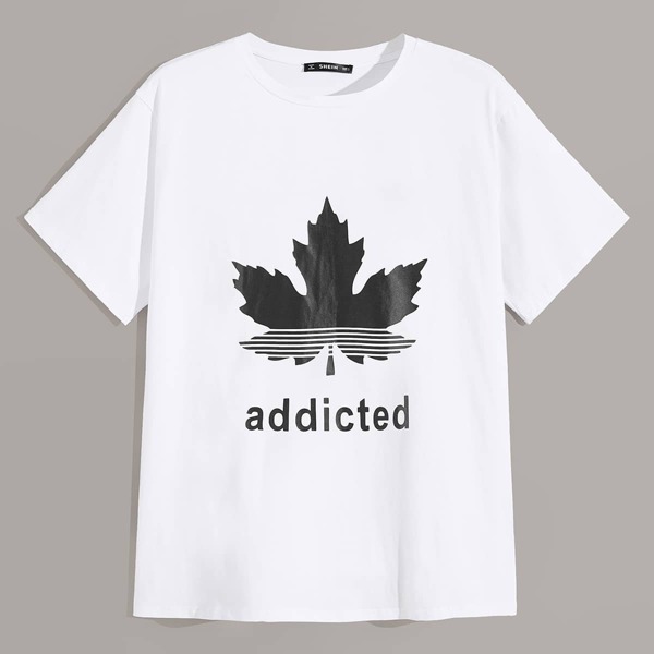 

Men Letter & Leaf Print Tee, White