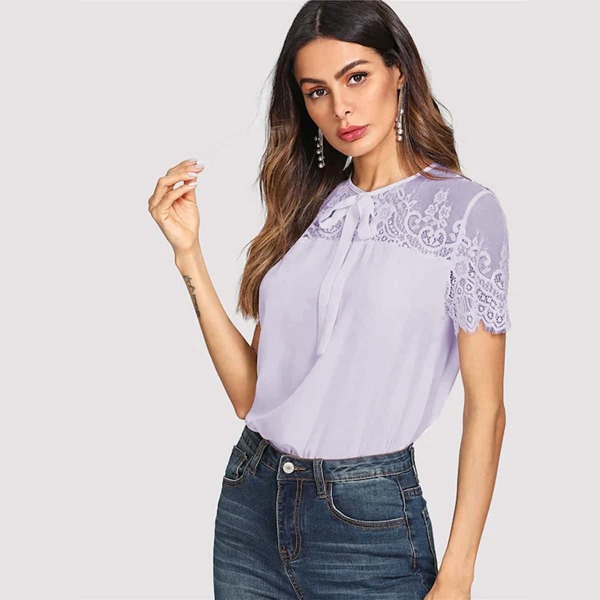 

Keyhole Back Lace Insert Tie Front Top