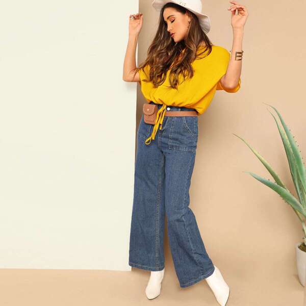 

Solid V Neck Drawstring Hem Top