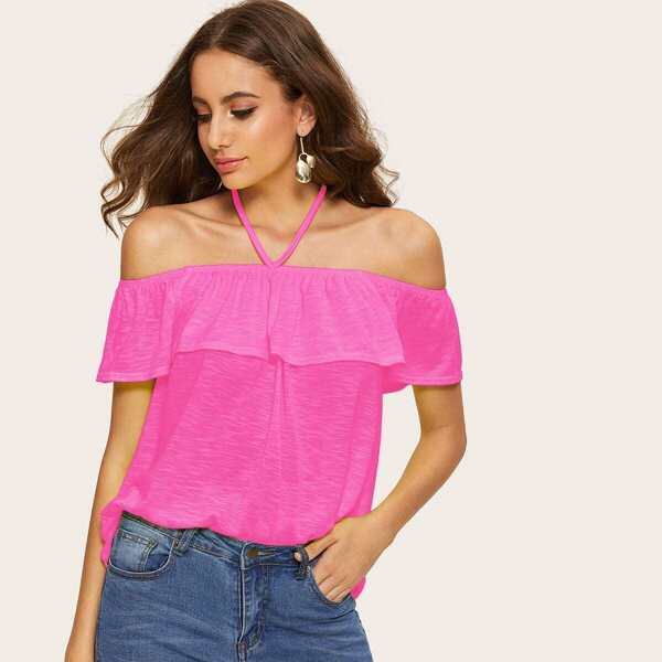 

Neon Pink Halter Off Shoulder Ruffle Trim Marled Top