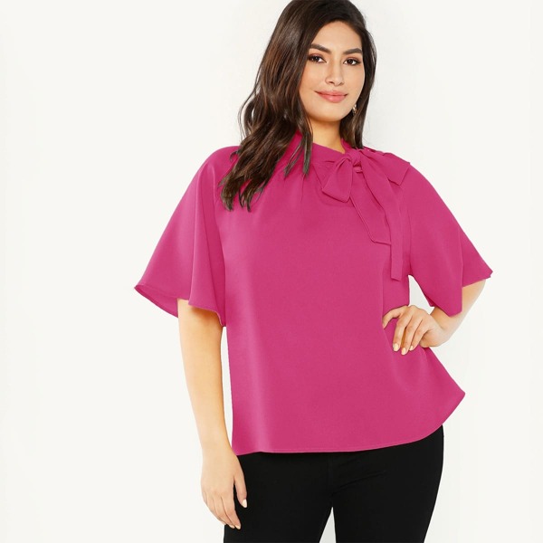 

Plus Tie Neck Flutter Sleeve Top