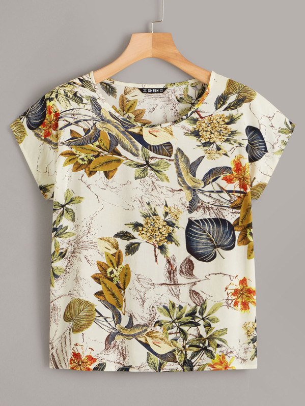 

Tropical Print Cap Sleeve Top, Multicolor