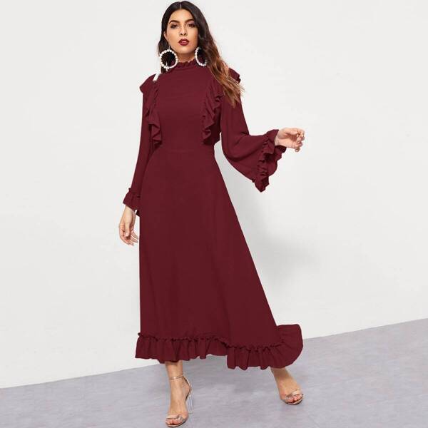 

Zip Back Mock-Neck Ruffle Trim Solid Dress, Burgundy