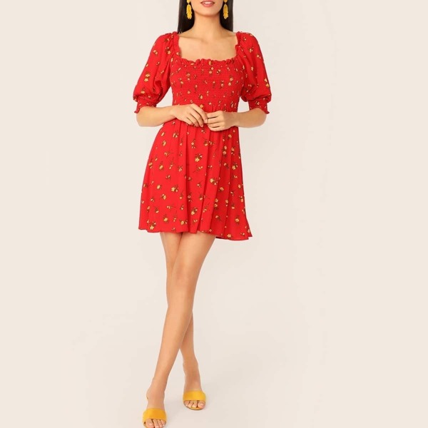 

Floral Bishop Sleeve Shirred Bodice Skater Dress, Red