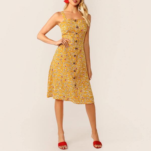 

Thick Strap Button Up Ditsy Floral Print Dress