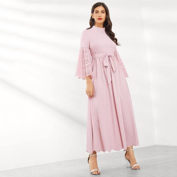 

Laser Cut Bell Sleeve Scallop Trim Belted Dress, Pink