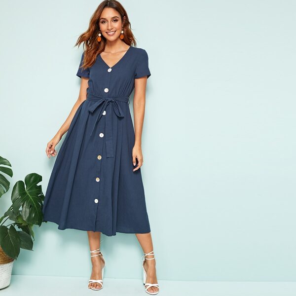 

V Neck Belted Tea Dress, Navy
