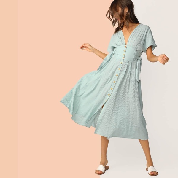 

Solid Button Front Tie Waist Dress, Blue