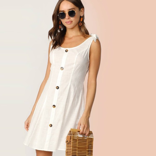 

Self Tie Shoulder Button Front Dress, White