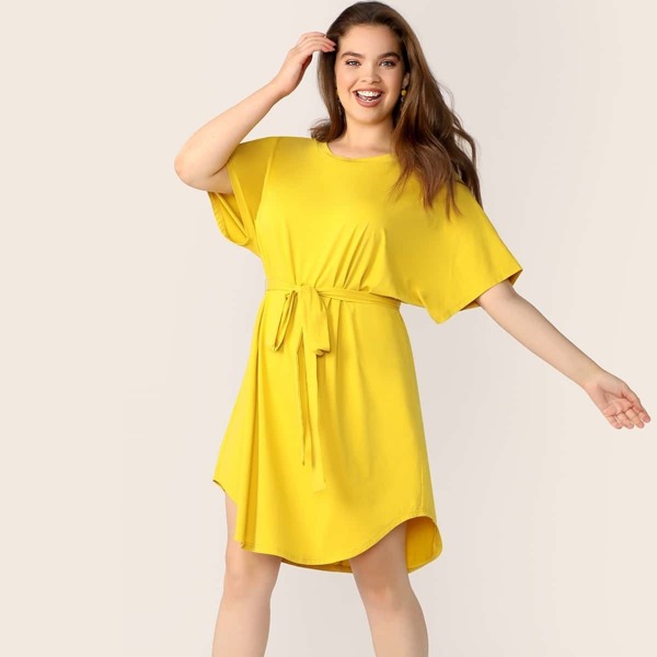

Plus Neon Yellow Curved Hem Belted Dress