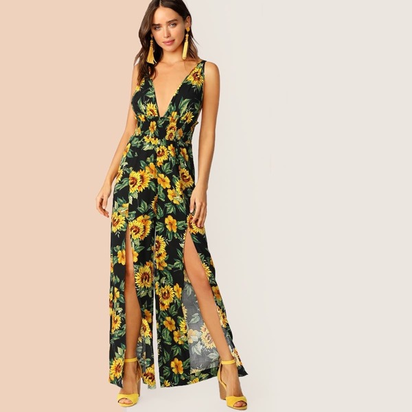 

Sunflower Print Split Thigh Shirred Detail Maxi Jumpsuit