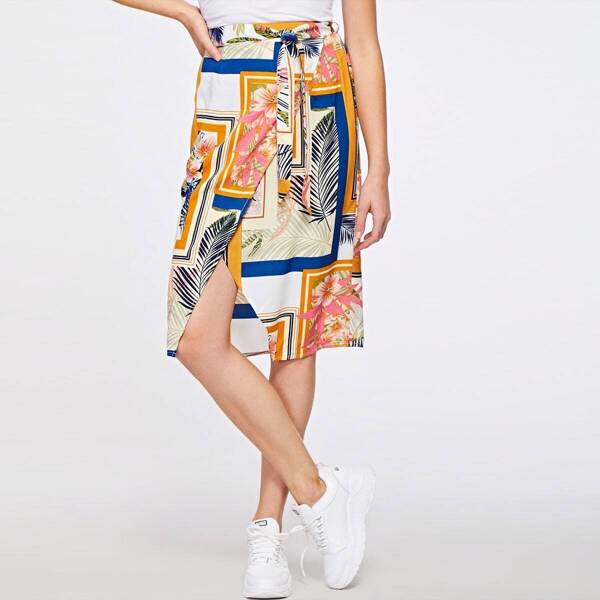 

Tropical Scarf Print Wrap Skirt, Multicolor