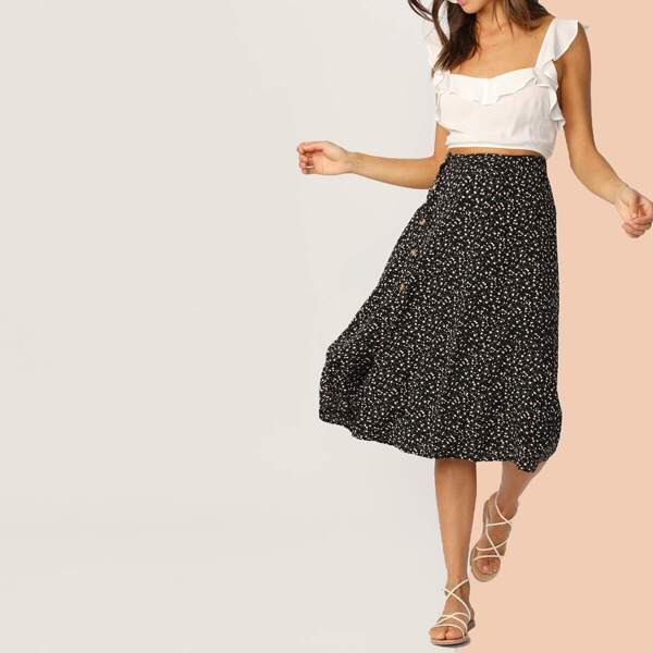 

Button Front Ditsy Floral Print Skirt, Multicolor