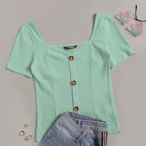 

Button Front Sweetheart Neck Rib-knit Tee