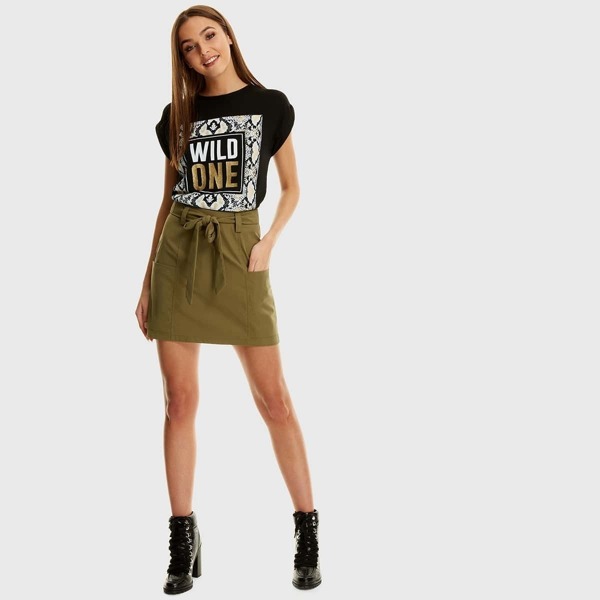 

Roll Tab Sleeve Snakeskin & Letter Print Tee, Black