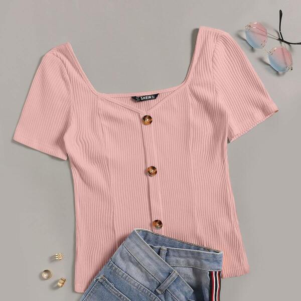 

Button Front Sweetheart Neck Rib-knit Tee