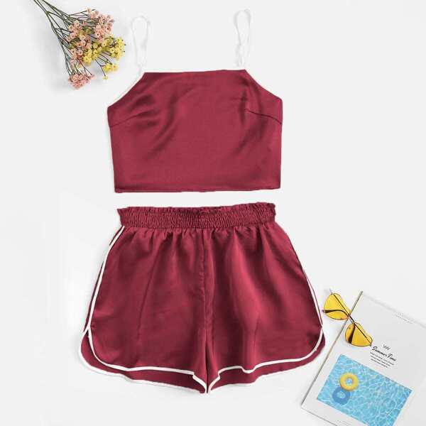 

Contrast Binding Satin Cami Top & Shorts Set