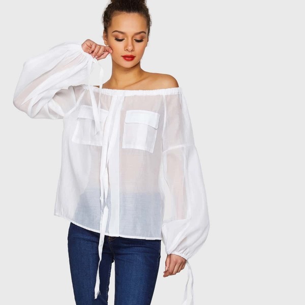 

Drawstring Detail Off Shoulder Flap Pocket Sheer Blouse, White