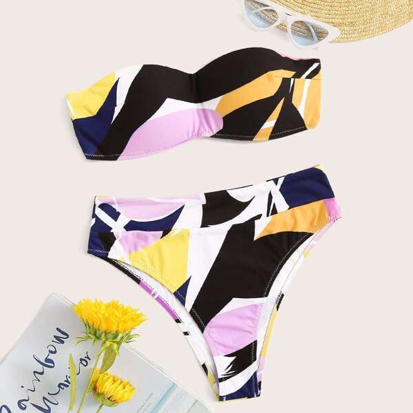 

Random Graphic Bandeau With High Waist Bikini Set