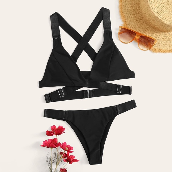 

Criss-cross Buckle Top With Tanga Bikini Set