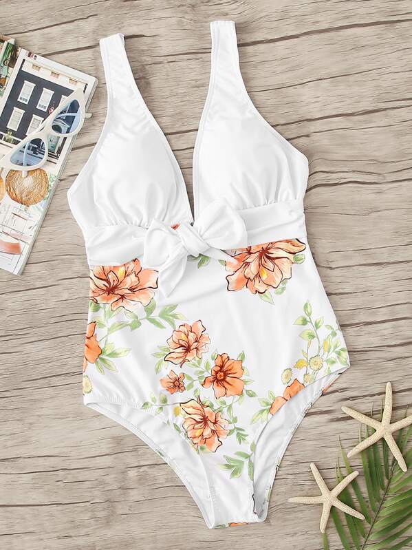 

Random Floral Tie Front One Piece Swimsuit, White