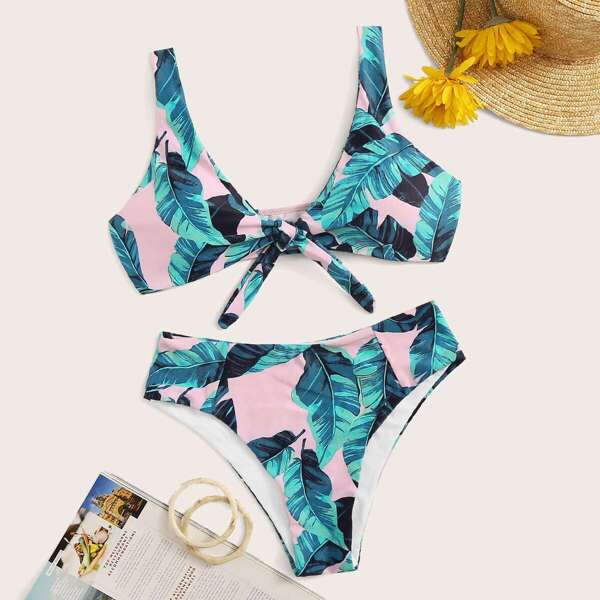 

Random Leaf Print Knot Front Bikini Set