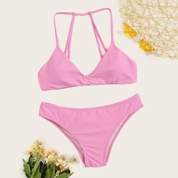 

Strappy Back Top With Stitch Trim Bikini Set, Pink pastel