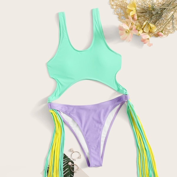 

Two Tone Cut-out Ring Linked Fringe Monokini