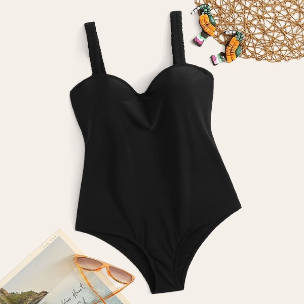 

Elastic Strap Plain One Piece Swimsuit, Black