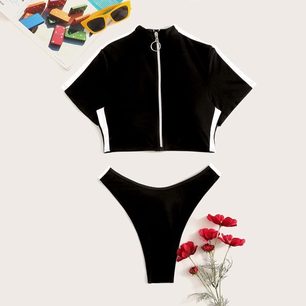 

Zipper Front Short Sleeves Two Piece Swimwear, Black