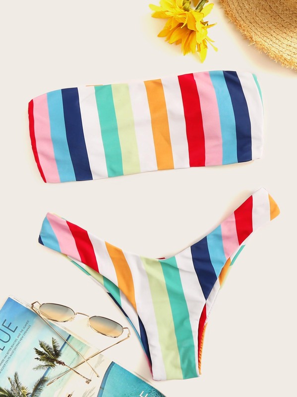 

Ladder Cut-out Rainbow Bandeau Bikini Set, Multicolor