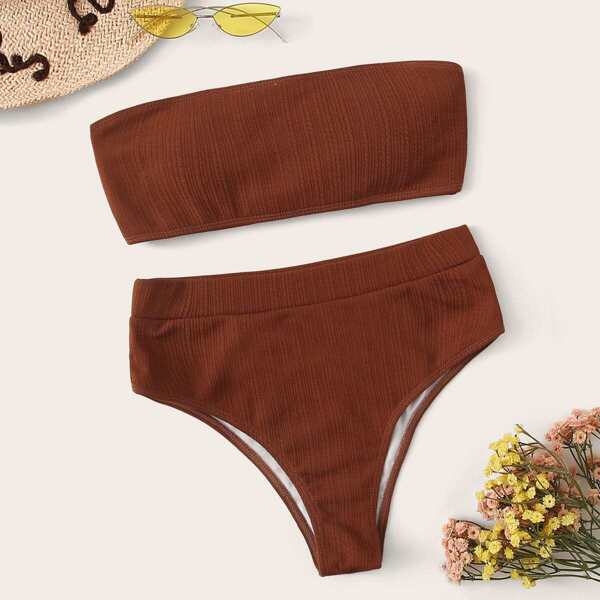 

Lace-up Ribbed Bandeau With High Waist Bikini Set