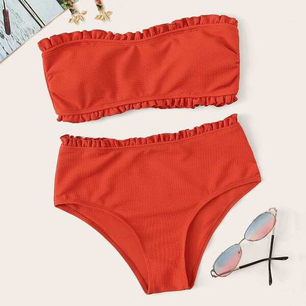

Frill Trim Bandeau With High Waist Bikini Set