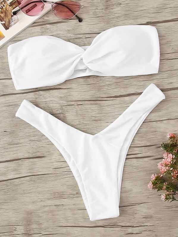 

Twist Top With High Leg Bikini Set, White