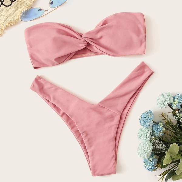 

Twist Bandeau With High Leg Bikini Set, Pink