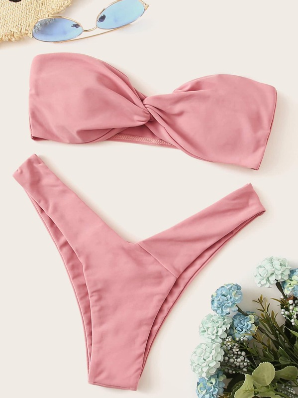 

Twist Bandeau With High Leg Bikini Set, Pink