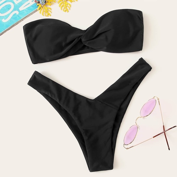 

Twist Top With High Leg Bikini Set, Black