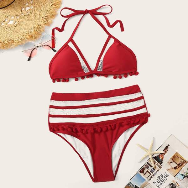 

Pom Pom Trim Net Panel Top With High Waist Bikini, Red bright
