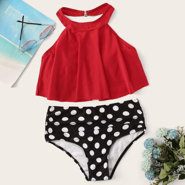

Floaty Top With Ruched Polka Dot Bikini Set, Multicolor